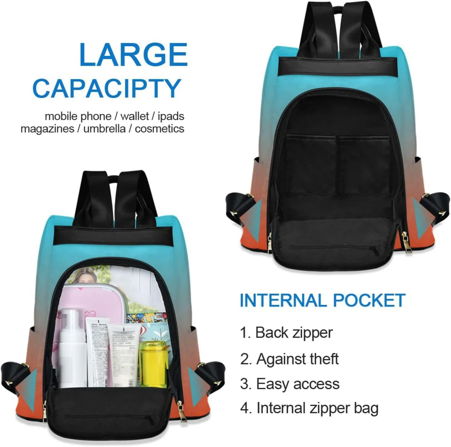 Sinestour Orange Blue Gradient Backpack Purse Anti-Theft Casual Travel Rucksack Fashion Lightweight Shoulder Bag for Carryon Handbag Women