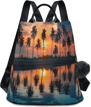 Sinestour Palm Tree Sunset Backpack Purse Anti-Theft Casual Travel Rucksack Fashion Lightweight Shoulder Bag for Ladies Bookbag Purses