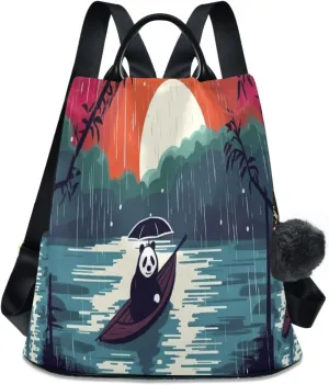 Sinestour Panda Raining Cartoon Backpack Purse Anti-Theft Casual Travel Rucksack Fashion Lightweight Shoulder Bag for Ladies Tote Backpack