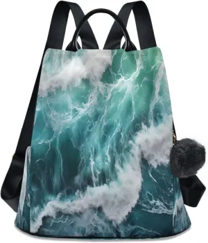 Sinestour Sea View Wave Backpack Purse Anti-Theft Casual Travel Rucksack Fashion Lightweight Shoulder Bag for Ladies Bookbag Purses