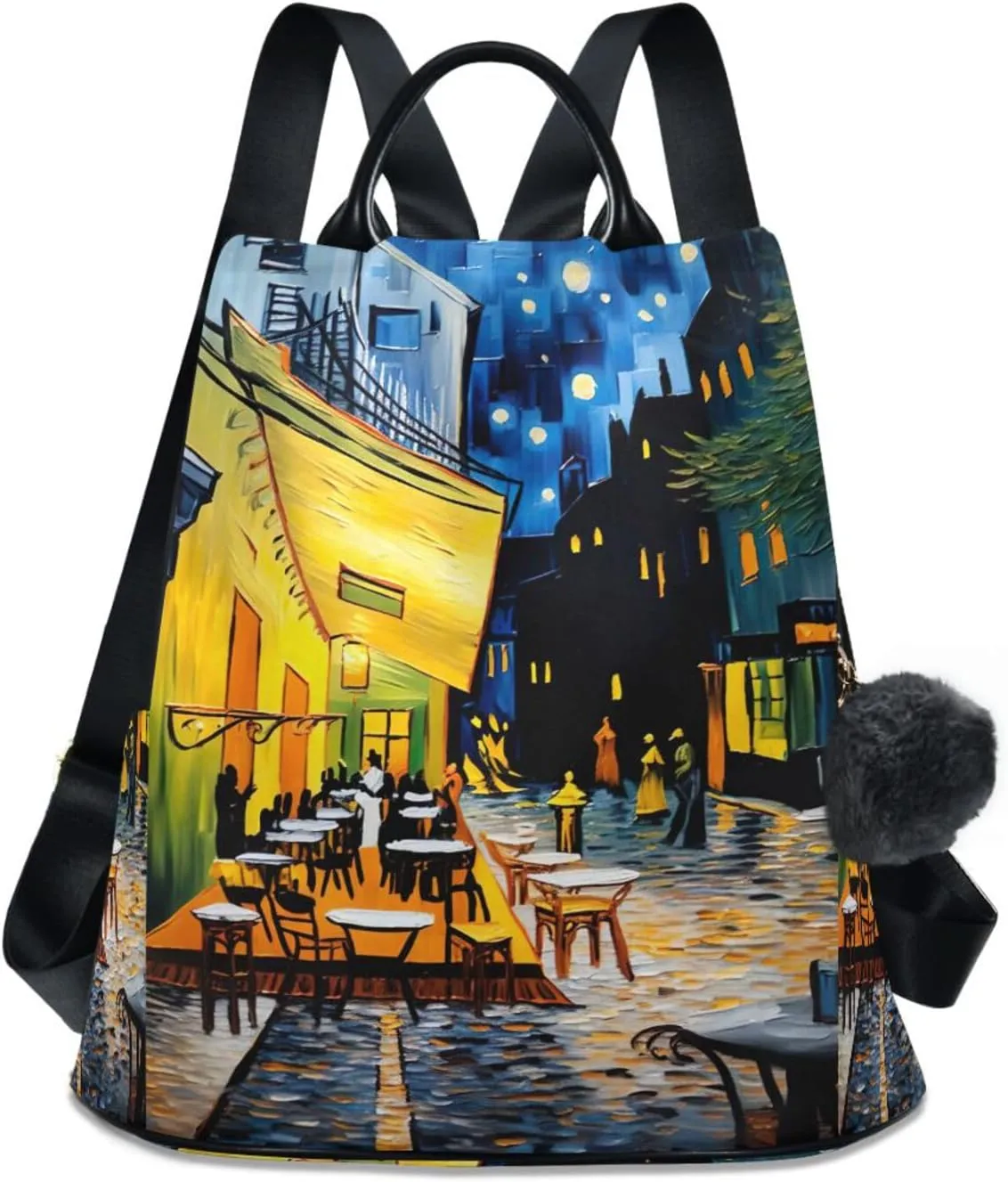 Sinestour Vintage Cafe Night Painting Backpack Purse Anti-Theft Casual Travel Rucksack Fashion Lightweight Shoulder Bag for Ladies Bookbag Purses