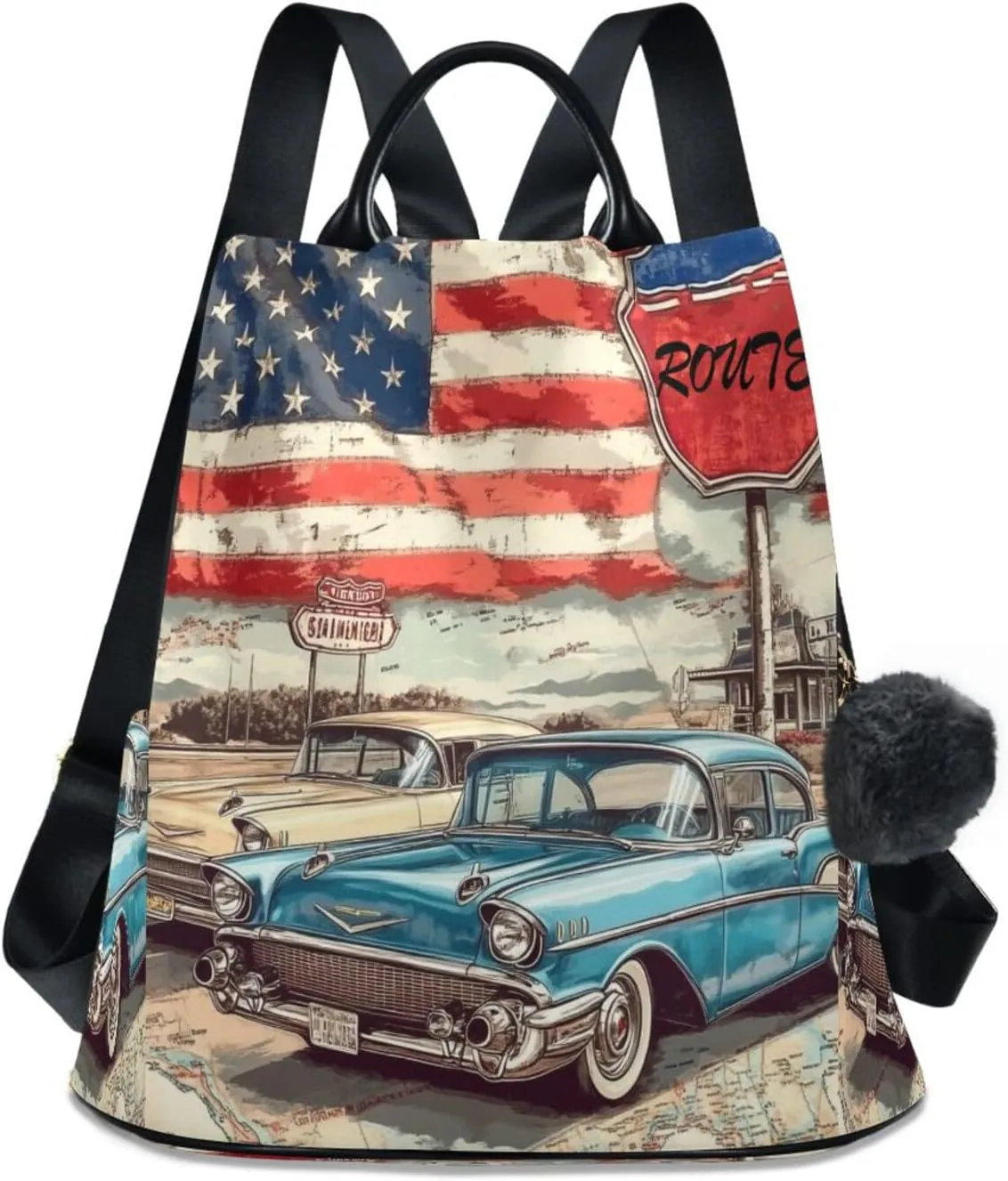 Sinestour Vintage Car Flag Backpack Purse Anti-Theft Casual Travel Rucksack Fashion Lightweight Shoulder Bag for tag1