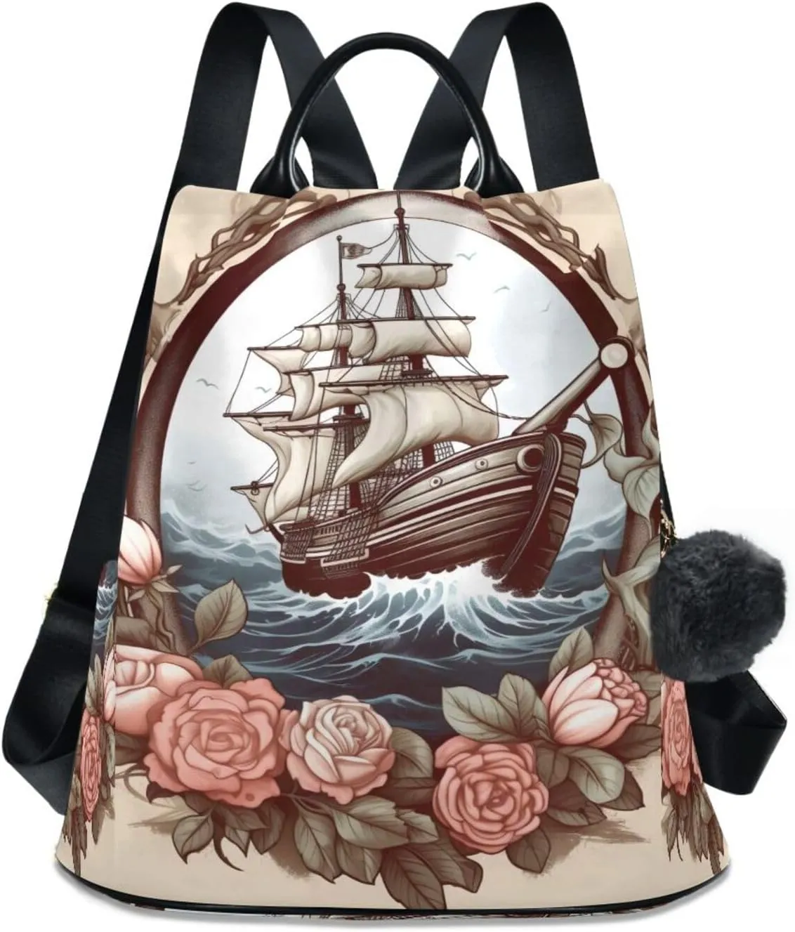 Sinestour Vintage Ship Rose Voyage Backpack Purse Anti-Theft Casual Travel Rucksack Fashion Lightweight Shoulder Bag for Ladies Tote Backpack