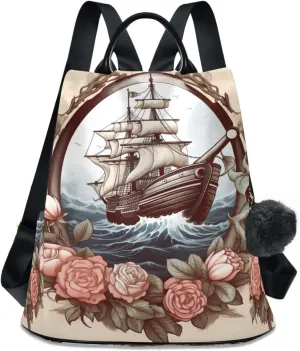 Sinestour Vintage Ship Rose Voyage Backpack Purse Anti-Theft Casual Travel Rucksack Fashion Lightweight Shoulder Bag for Ladies Tote Backpack