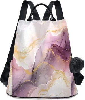 Sinestour Watercolor Pink Gold Marble Backpack Purse Anti-Theft Casual Travel Rucksack Fashion Lightweight Shoulder Bag for Casual Purses Women
