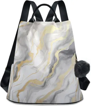 Sinestour White Gold Marble Texture Backpack Purse Anti-Theft Casual Travel Rucksack Fashion Lightweight Shoulder Bag for Women Casual Purses