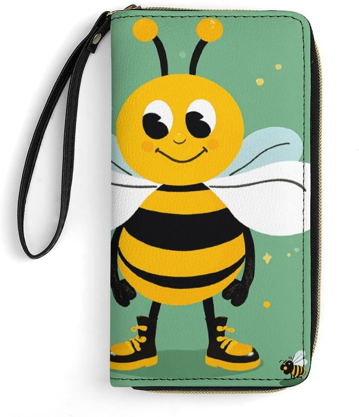 Small Leather Bag with Wristlet Cartoon Bee Printed Genuine Leather Wallet for Men And Women Exquisite And Personalized Portable Wallet
