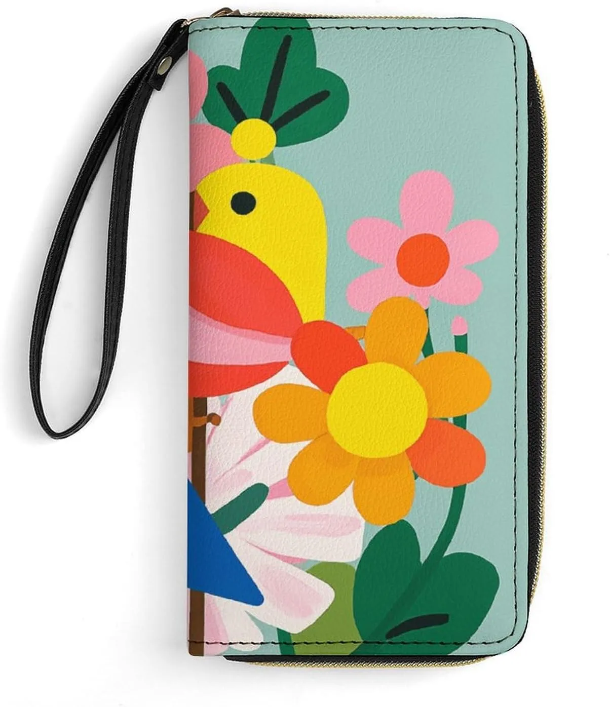 Small Leather Bag with Wristlet Colorful Flowers Bird Printed Genuine Leather Wallet for Men And Women Exquisite And Personalized Portable Wallet