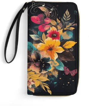 Small Leather Bag with Wristlet Colorful Flowers Printed Genuine Leather Wallet for Men And Women Exquisite And Personalized Portable Wallet