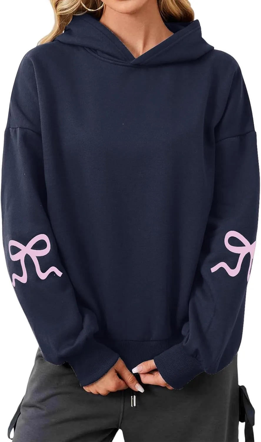 Smoneyful Womens Cute Bow Trim Print Hoodies Long Sleeve Fleeced Trendy Hooded Sweatshirts Oversized Pullover Tops