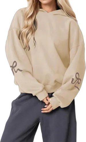 Smoneyful Womens Cute Bow Trim Print Hoodies Long Sleeve Fleeced Trendy Hooded Sweatshirts Oversized Pullover Tops