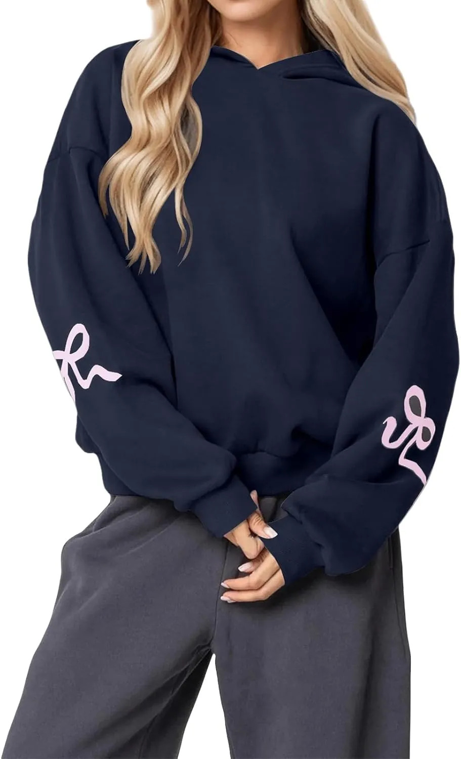 Smoneyful Womens Cute Bow Trim Print Hoodies Long Sleeve Fleeced Trendy Hooded Sweatshirts Oversized Pullover Tops