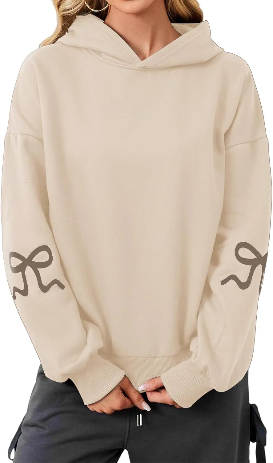 Smoneyful Womens Cute Bow Trim Print Hoodies Long Sleeve Fleeced Trendy Hooded Sweatshirts Oversized Pullover Tops