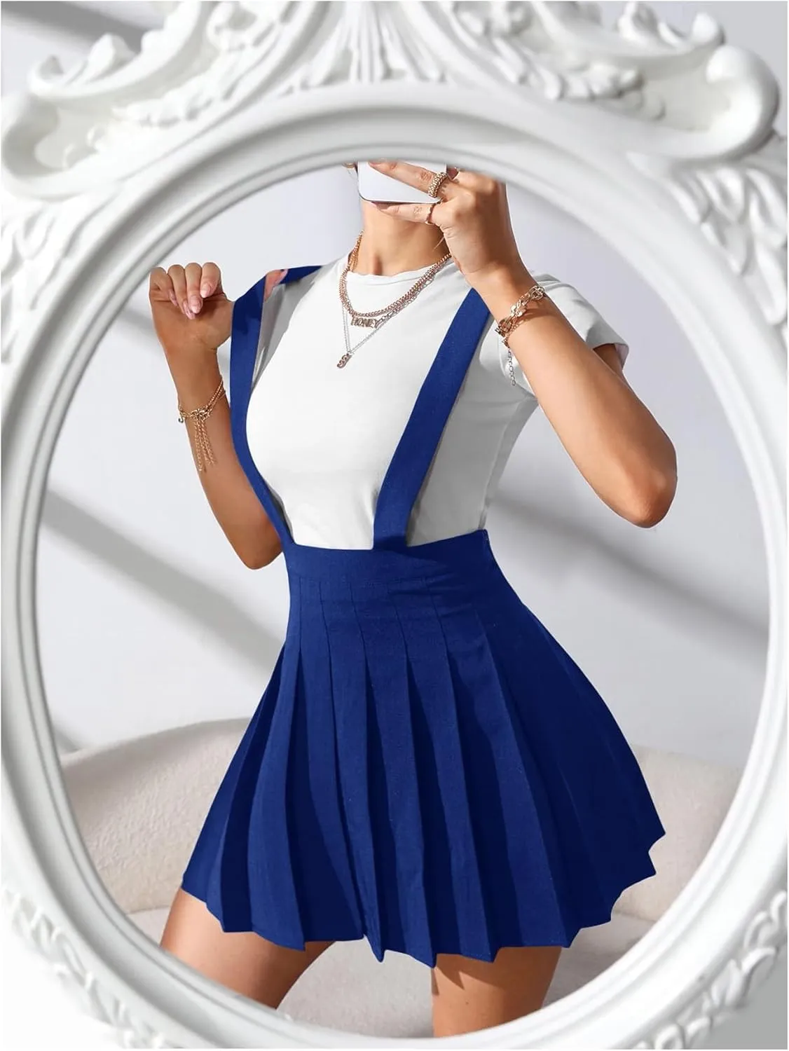 SOLY HUX Women's Braces Skirt Pleated A Line Mini Skirt High Waisted Overall Skater Suspender Skirts