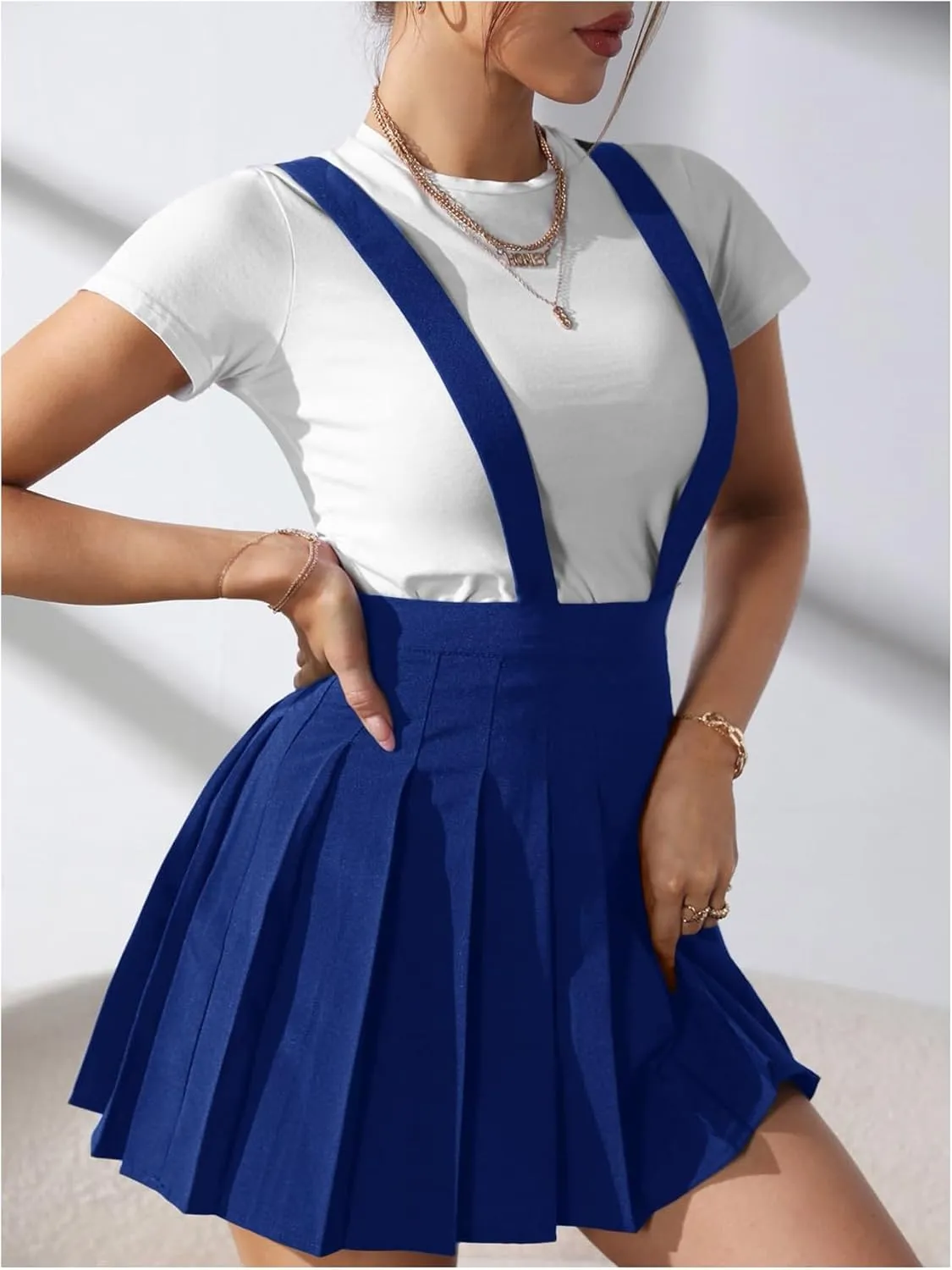 SOLY HUX Women's Braces Skirt Pleated A Line Mini Skirt High Waisted Overall Skater Suspender Skirts