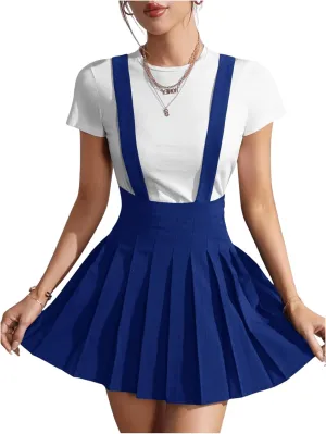 SOLY HUX Women's Braces Skirt Pleated A Line Mini Skirt High Waisted Overall Skater Suspender Skirts
