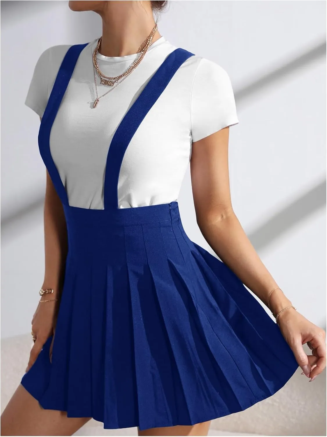 SOLY HUX Women's Braces Skirt Pleated A Line Mini Skirt High Waisted Overall Skater Suspender Skirts