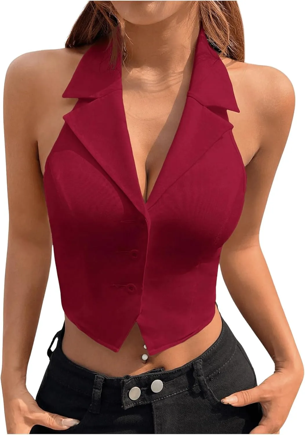 SOLY HUX Women's Halter V Neck Vest Button Down Backless Crop Tank Tops Sleeveless Blazer Waistcoat