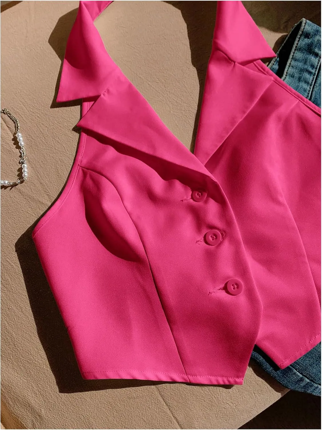 SOLY HUX Women's Halter V Neck Vest Button Down Backless Crop Tank Tops Sleeveless Blazer Waistcoat