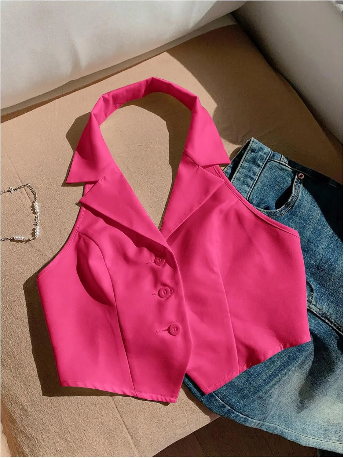 SOLY HUX Women's Halter V Neck Vest Button Down Backless Crop Tank Tops Sleeveless Blazer Waistcoat