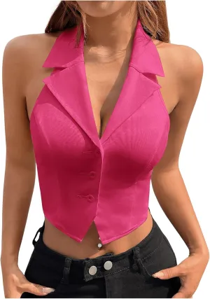 SOLY HUX Women's Halter V Neck Vest Button Down Backless Crop Tank Tops Sleeveless Blazer Waistcoat