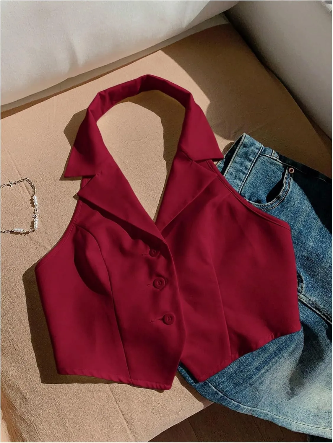 SOLY HUX Women's Halter V Neck Vest Button Down Backless Crop Tank Tops Sleeveless Blazer Waistcoat
