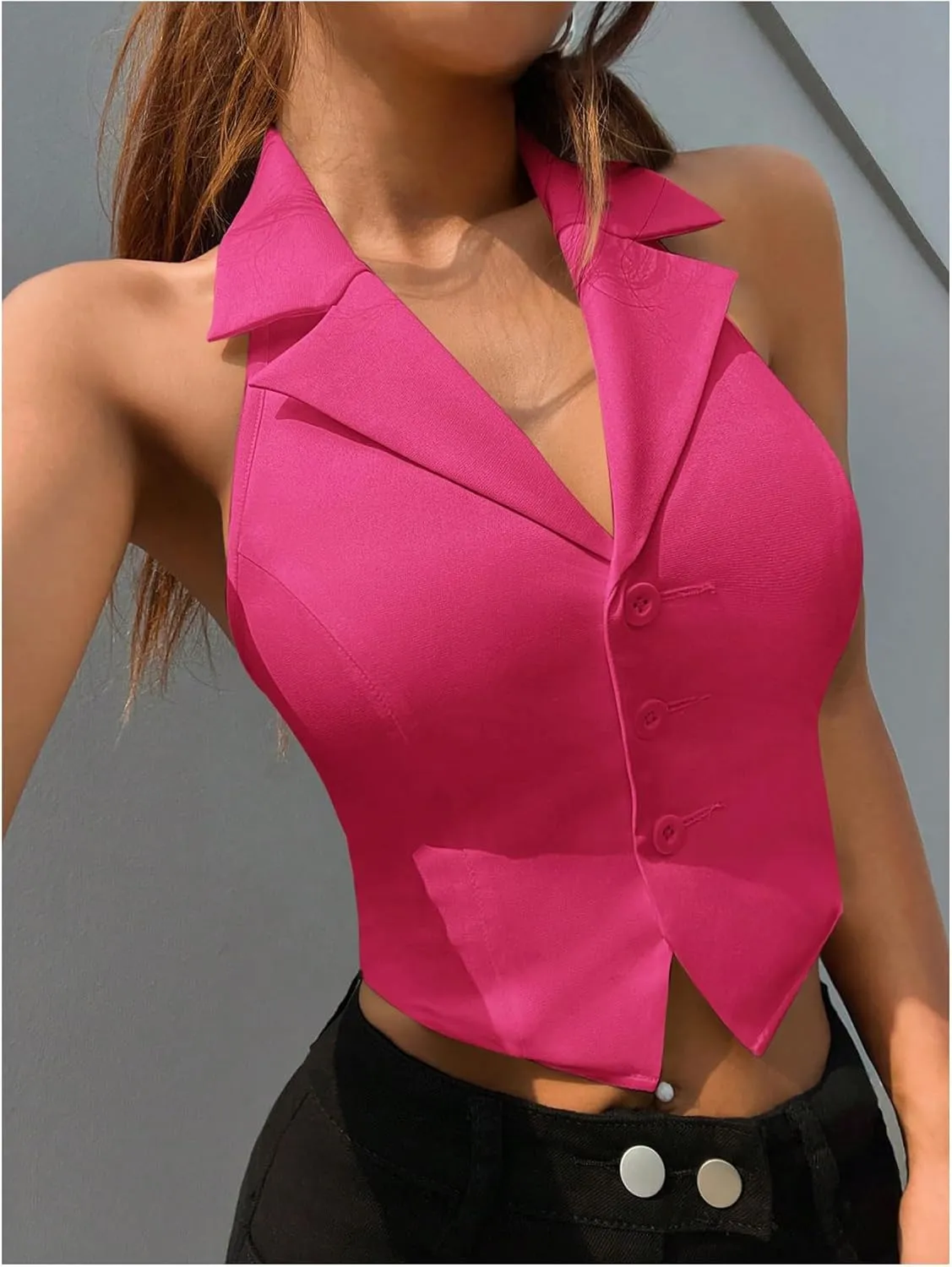 SOLY HUX Women's Halter V Neck Vest Button Down Backless Crop Tank Tops Sleeveless Blazer Waistcoat