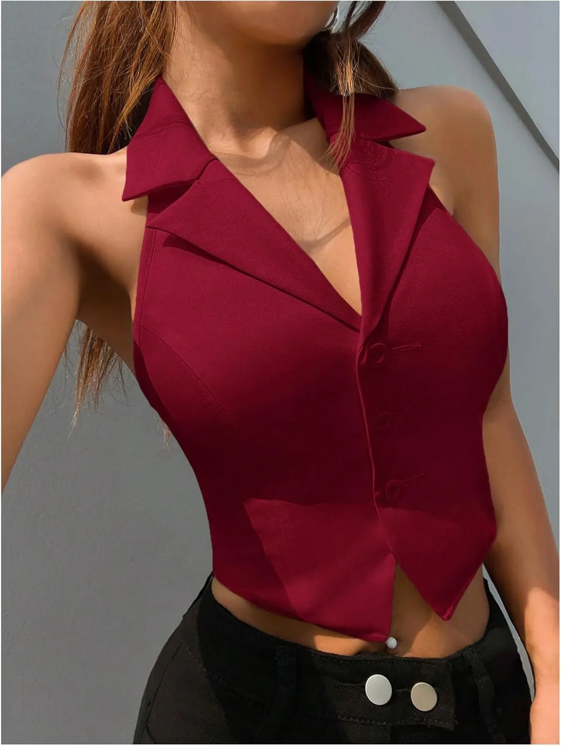 SOLY HUX Women's Halter V Neck Vest Button Down Backless Crop Tank Tops Sleeveless Blazer Waistcoat