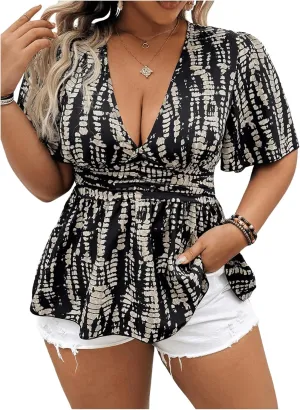 SOLY HUX Women's Plus Size Tops Allover Print V Neck Short Sleeve Peplum Ruffle Hem Blouse