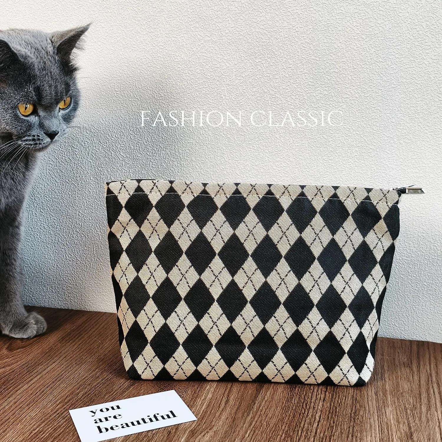 STARDW Parallel Checkered Makeup Bag Cute Cosmetic Bags for Women Girls, Travel Toiletry Bag Large Capacity Zipper Makeup Pouch, Purse Organizer Pouches
