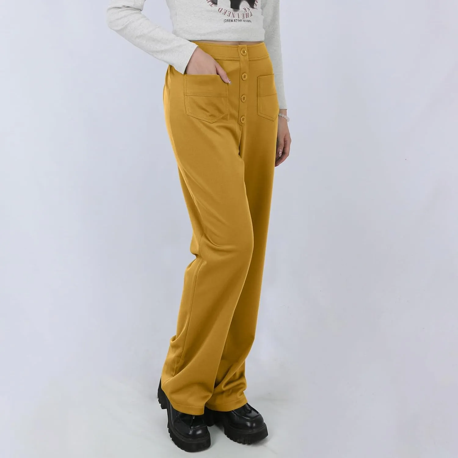 Stretchy Pants for Women Loose Straight Leg Casual Pants Elastic High Waisted Work Trousers Pull on Pants with Pockets