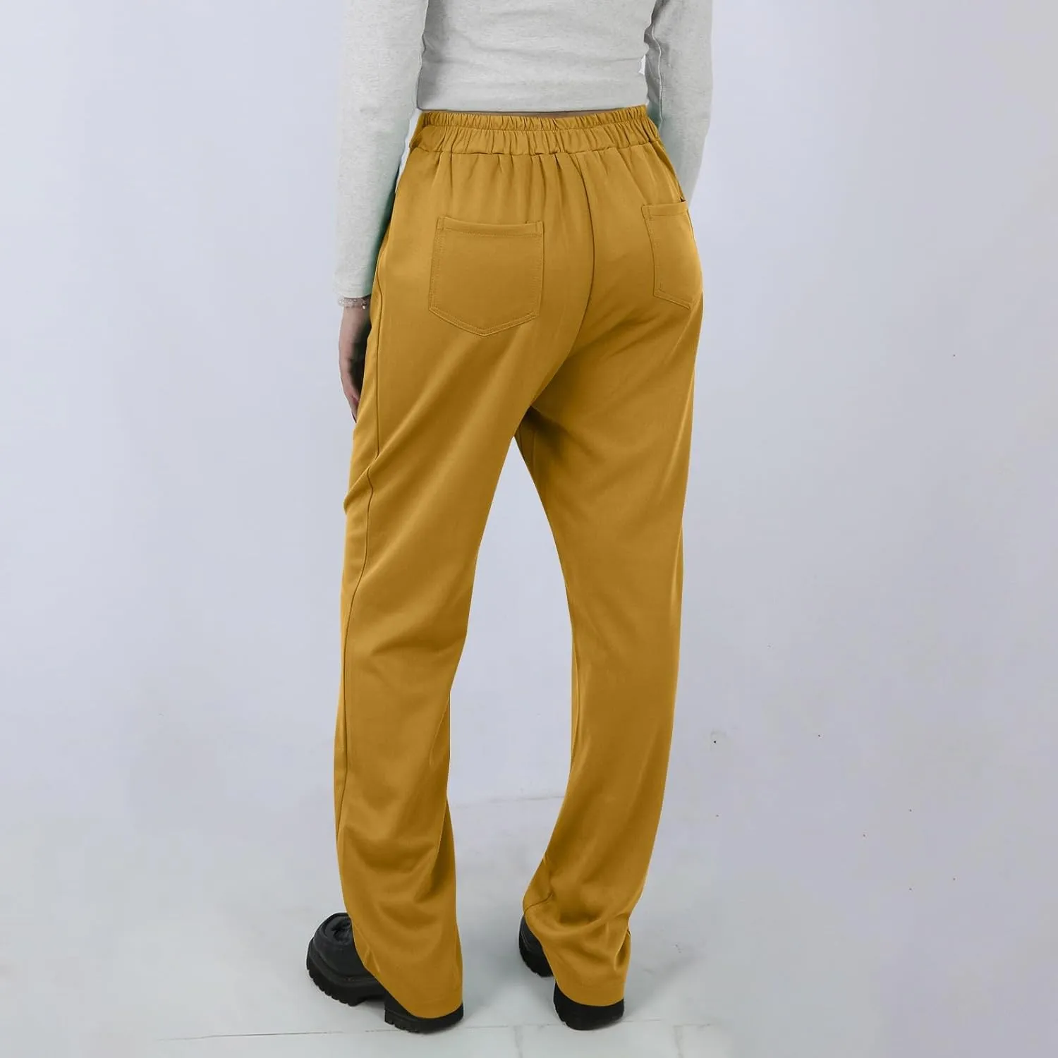 Stretchy Pants for Women Loose Straight Leg Casual Pants Elastic High Waisted Work Trousers Pull on Pants with Pockets