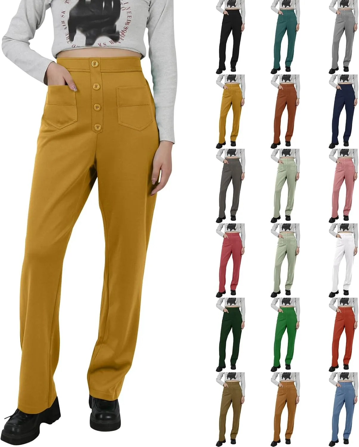 Stretchy Pants for Women Loose Straight Leg Casual Pants Elastic High Waisted Work Trousers Pull on Pants with Pockets