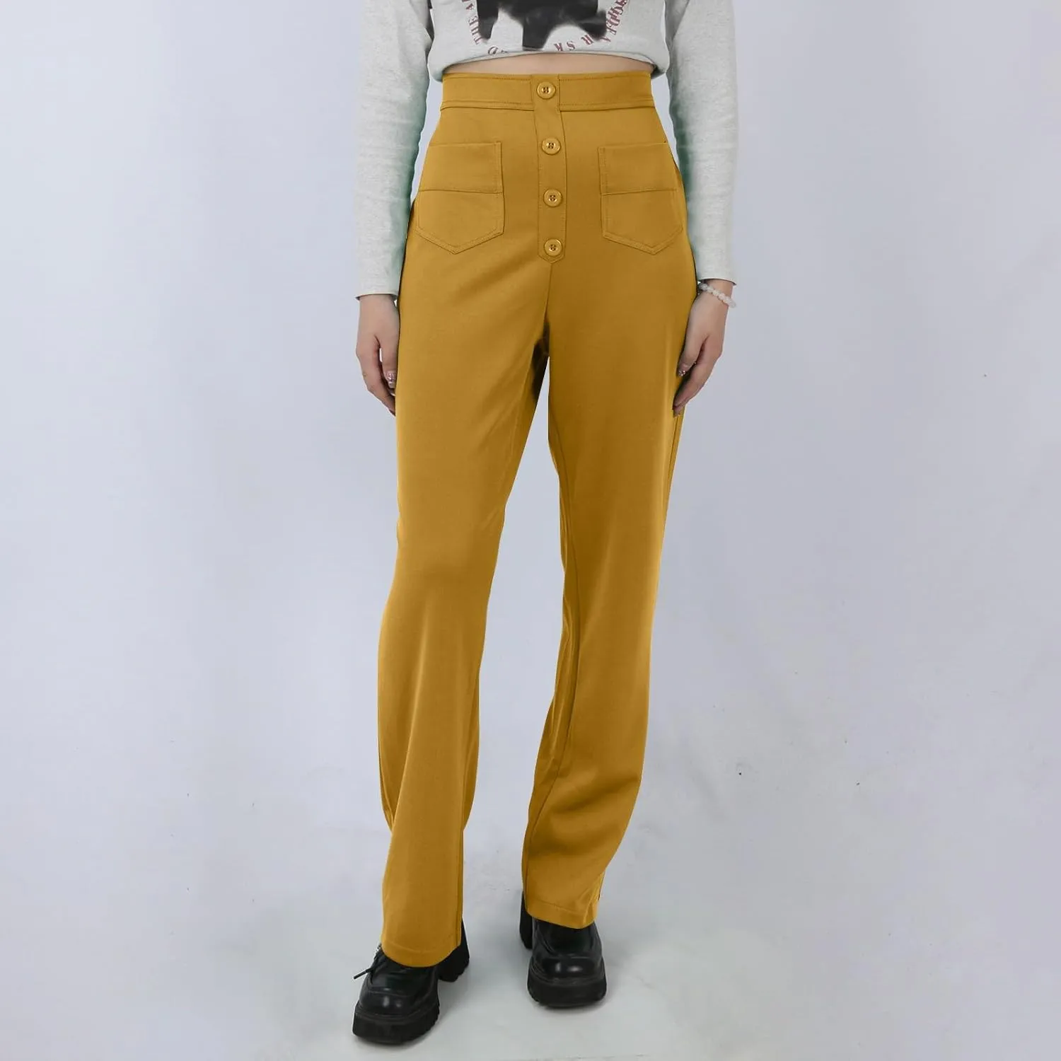Stretchy Pants for Women Loose Straight Leg Casual Pants Elastic High Waisted Work Trousers Pull on Pants with Pockets