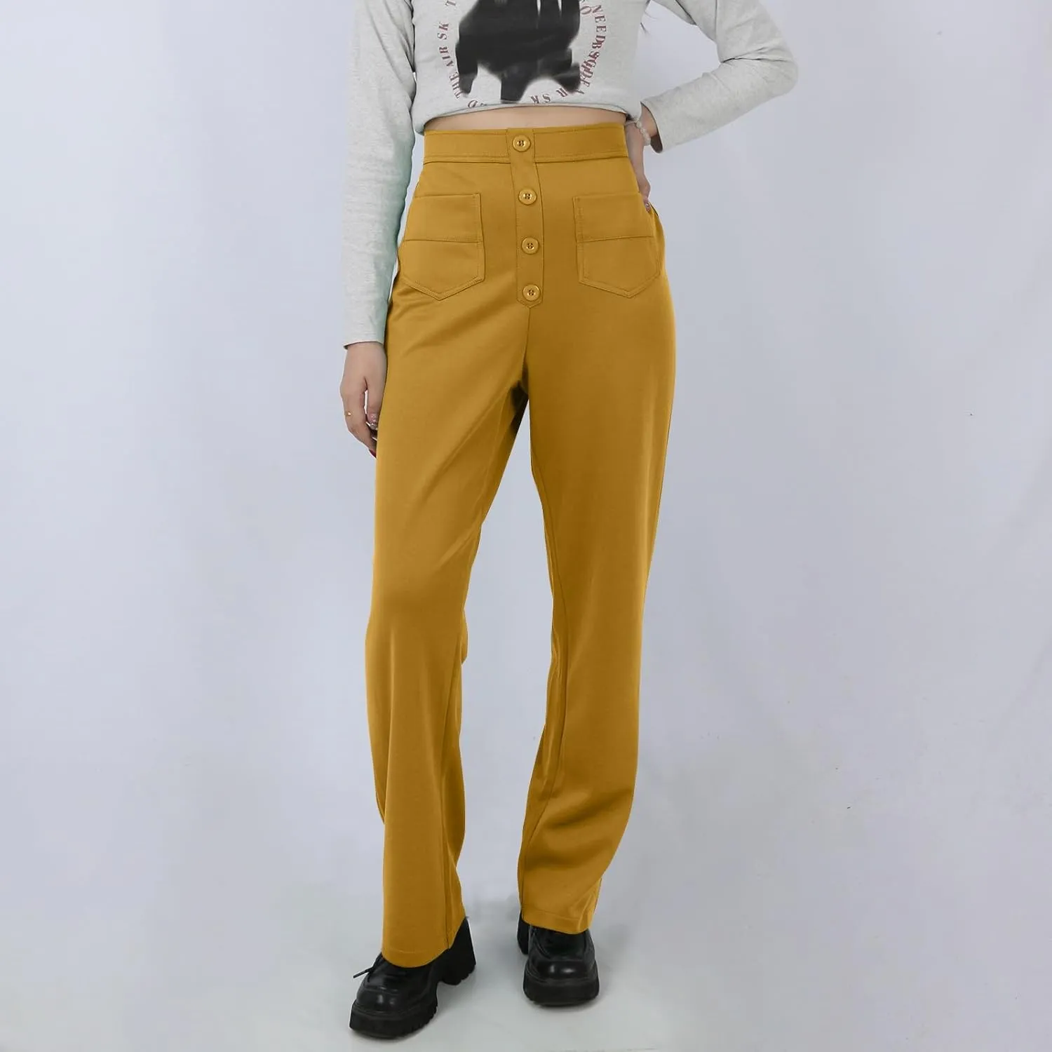 Stretchy Pants for Women Loose Straight Leg Casual Pants Elastic High Waisted Work Trousers Pull on Pants with Pockets