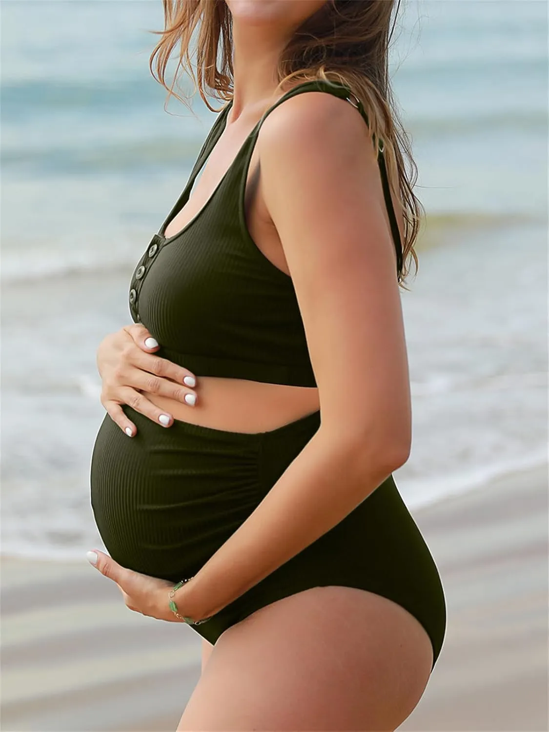 Summer Mae Maternity Ribbed High Waist Swimsuit Crop Top Bikini Bathing Suit High Cut Two Piece Pregnancy Swimwear
