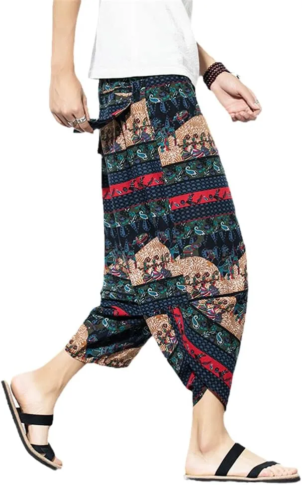 Summer Men Cotton Harem Pants Casual Hip Hop Cross Bloomers Calf-Length Joggers Streetwear