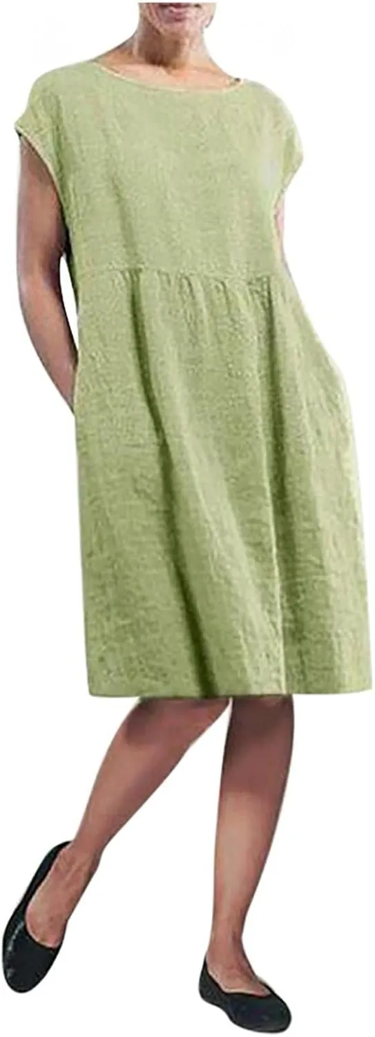 Summer Plain Cotton Linen Dresses Plus Size Women Boho Vintage Midi Dress O-Neck Pockets Loose Baggy Kaftan Long Dress