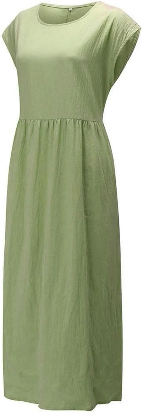 Summer Plain Cotton Linen Dresses Plus Size Women Boho Vintage Midi Dress O-Neck Pockets Loose Baggy Kaftan Long Dress