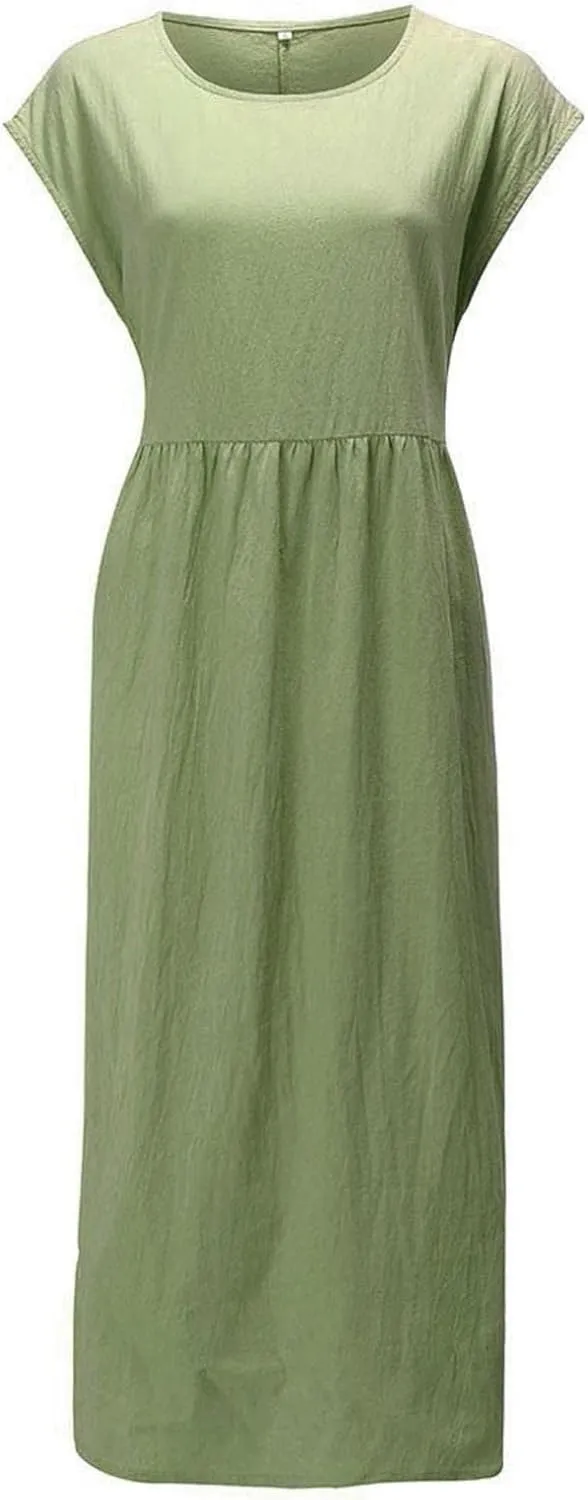 Summer Plain Cotton Linen Dresses Plus Size Women Boho Vintage Midi Dress O-Neck Pockets Loose Baggy Kaftan Long Dress
