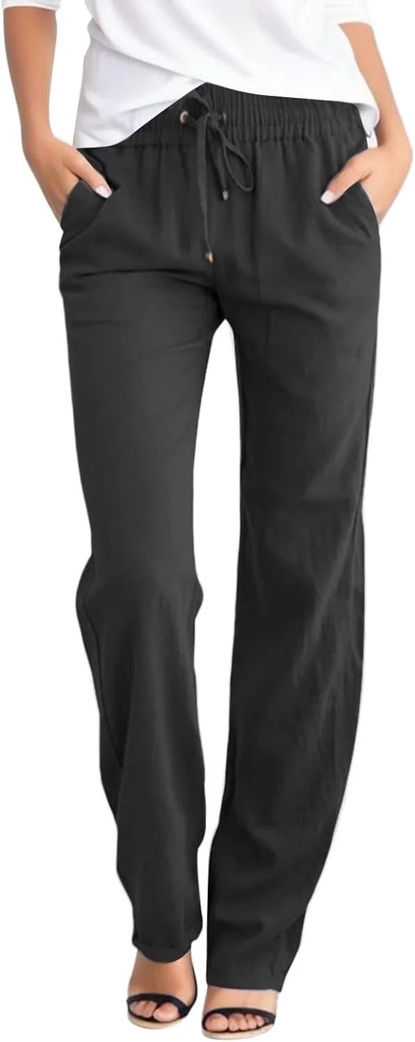 Summer Womens Linen Pants Soild High Waisted Trousers Linen Wide Leg Pants for Women Causal Dressy Drawstring Pants