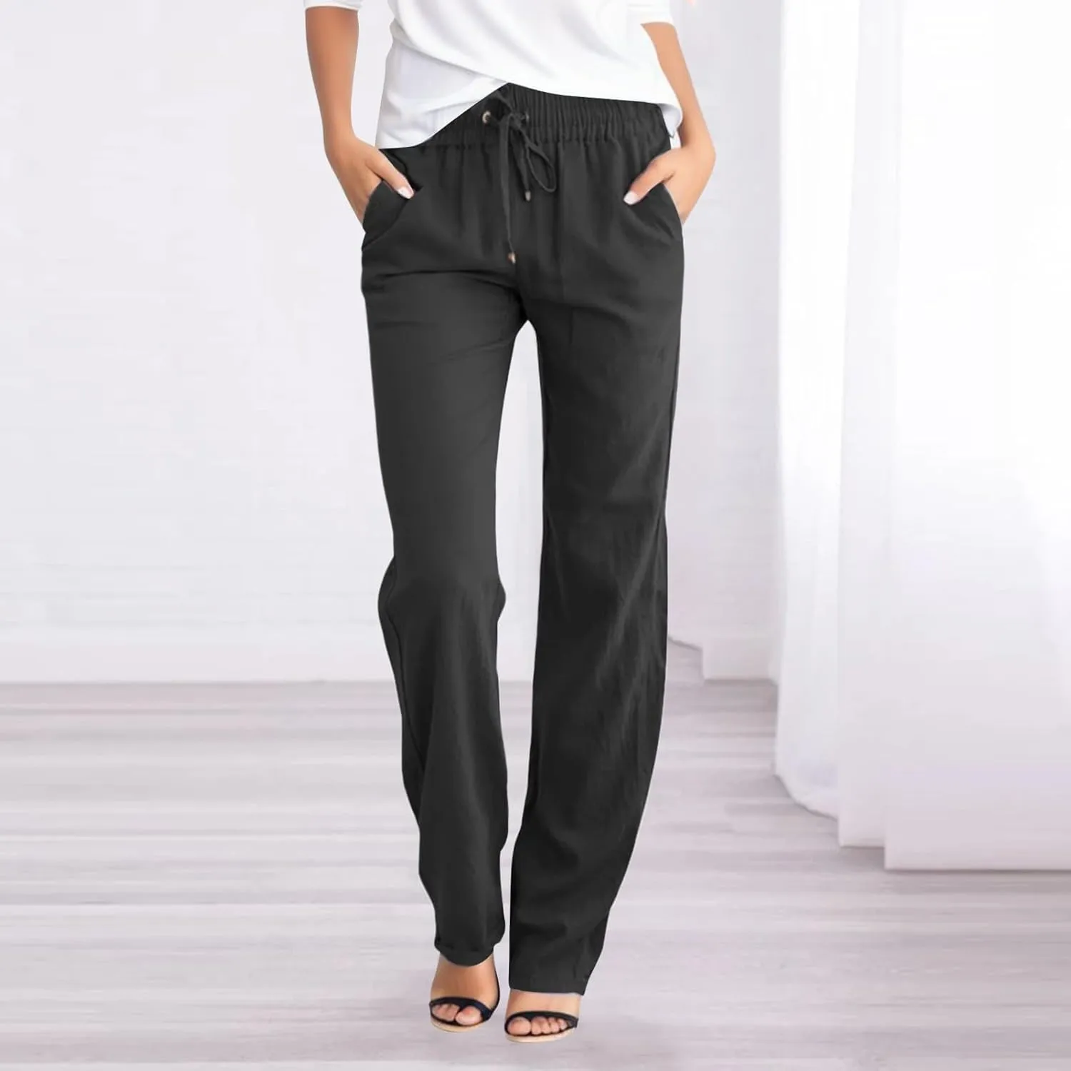 Summer Womens Linen Pants Soild High Waisted Trousers Linen Wide Leg Pants for Women Causal Dressy Drawstring Pants