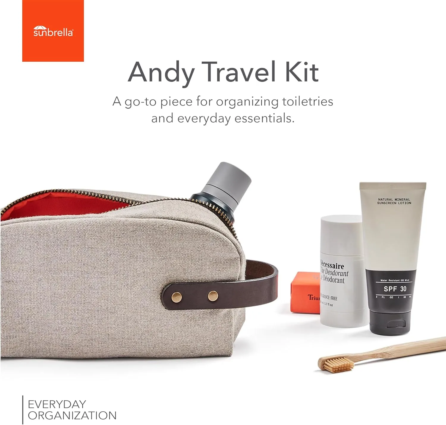 Sunbrella Andy Travel Kit | Durable Toiletry Bag | Water & Stain Resistant Bag for Travel Accessories | Unisex Shave & Cosmetic Bag | Recycled Fabric | Ashe/Beige