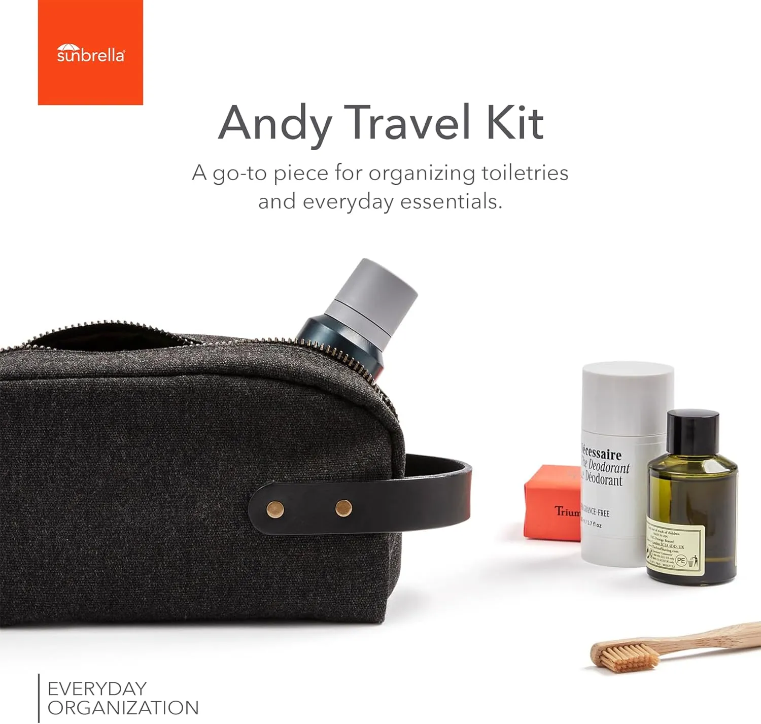 Sunbrella Andy Travel Kit | Durable Toiletry Bag | Water & Stain Resistant Bag for Travel Accessories | Unisex Shave & Cosmetic Bag | Recycled Fabric | Char/Black