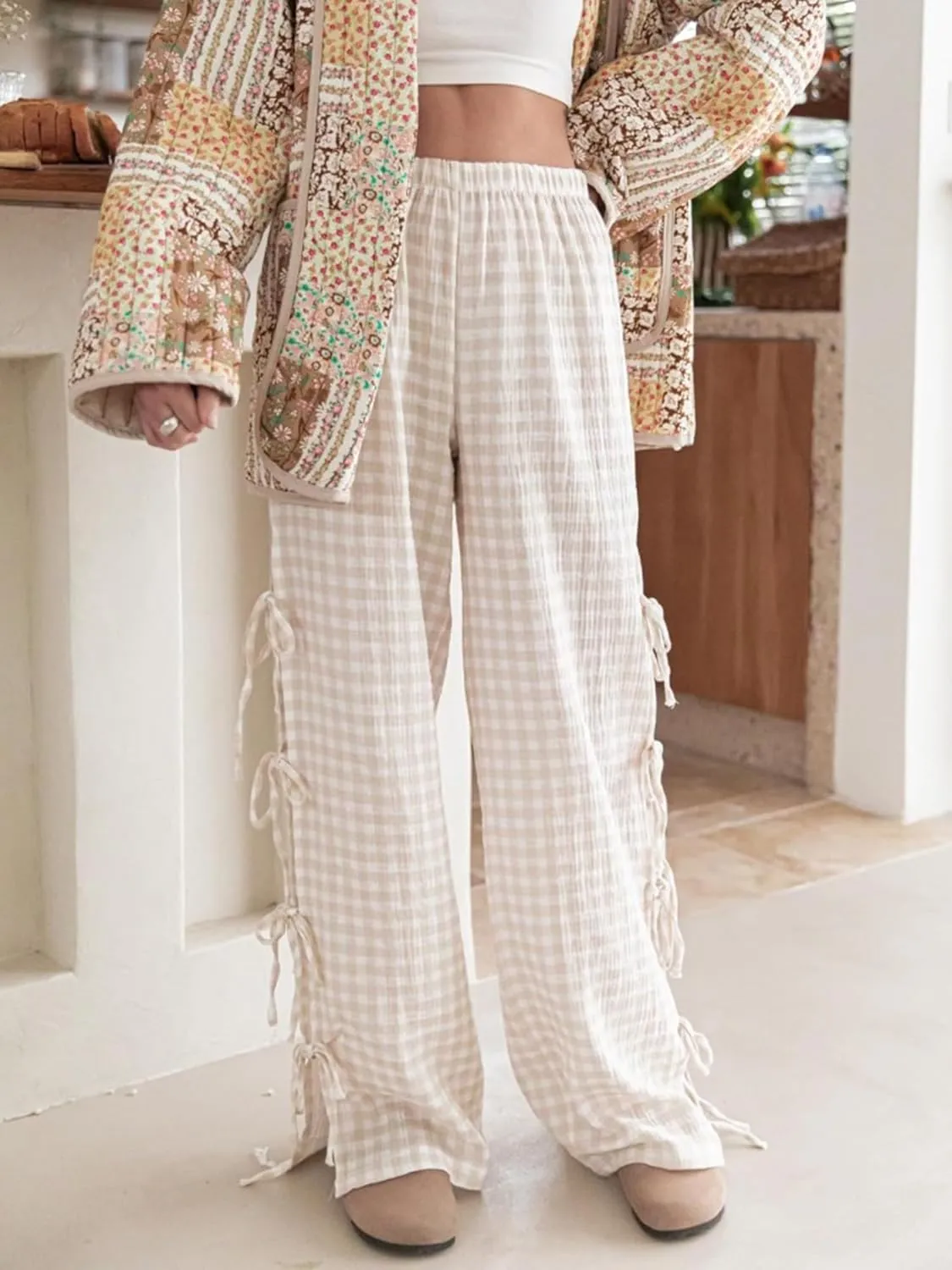 Sunloudy Women Y2K Wide Leg Gingham Pants Elastic High Waist Side Tie Loose Fit Plaid Trouser Lounge Pants