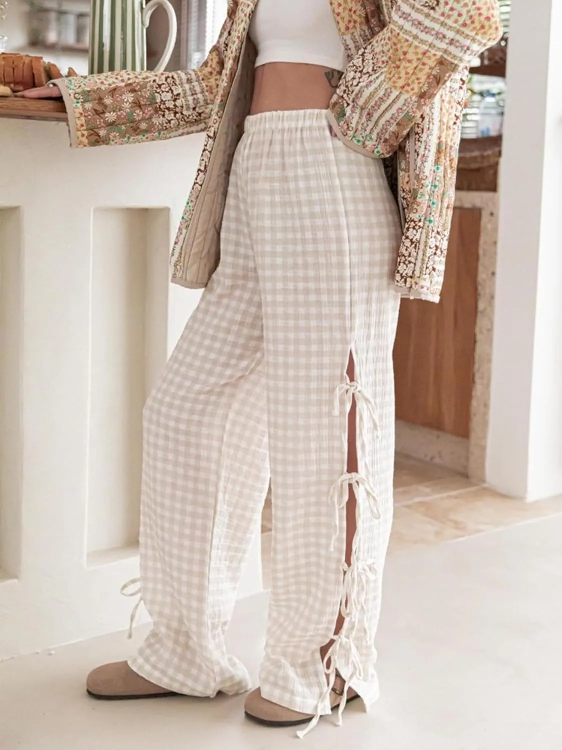 Sunloudy Women Y2K Wide Leg Gingham Pants Elastic High Waist Side Tie Loose Fit Plaid Trouser Lounge Pants