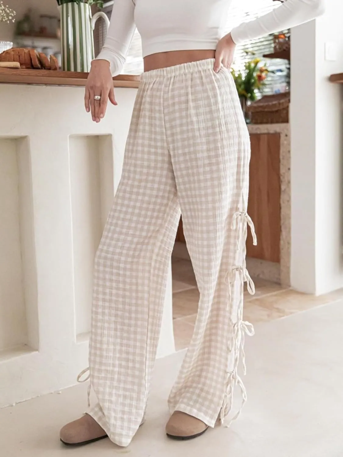 Sunloudy Women Y2K Wide Leg Gingham Pants Elastic High Waist Side Tie Loose Fit Plaid Trouser Lounge Pants