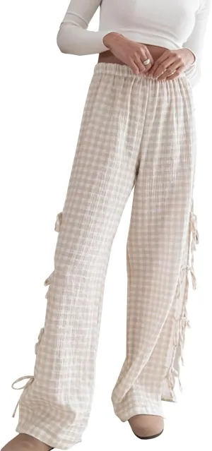 Sunloudy Women Y2K Wide Leg Gingham Pants Elastic High Waist Side Tie Loose Fit Plaid Trouser Lounge Pants