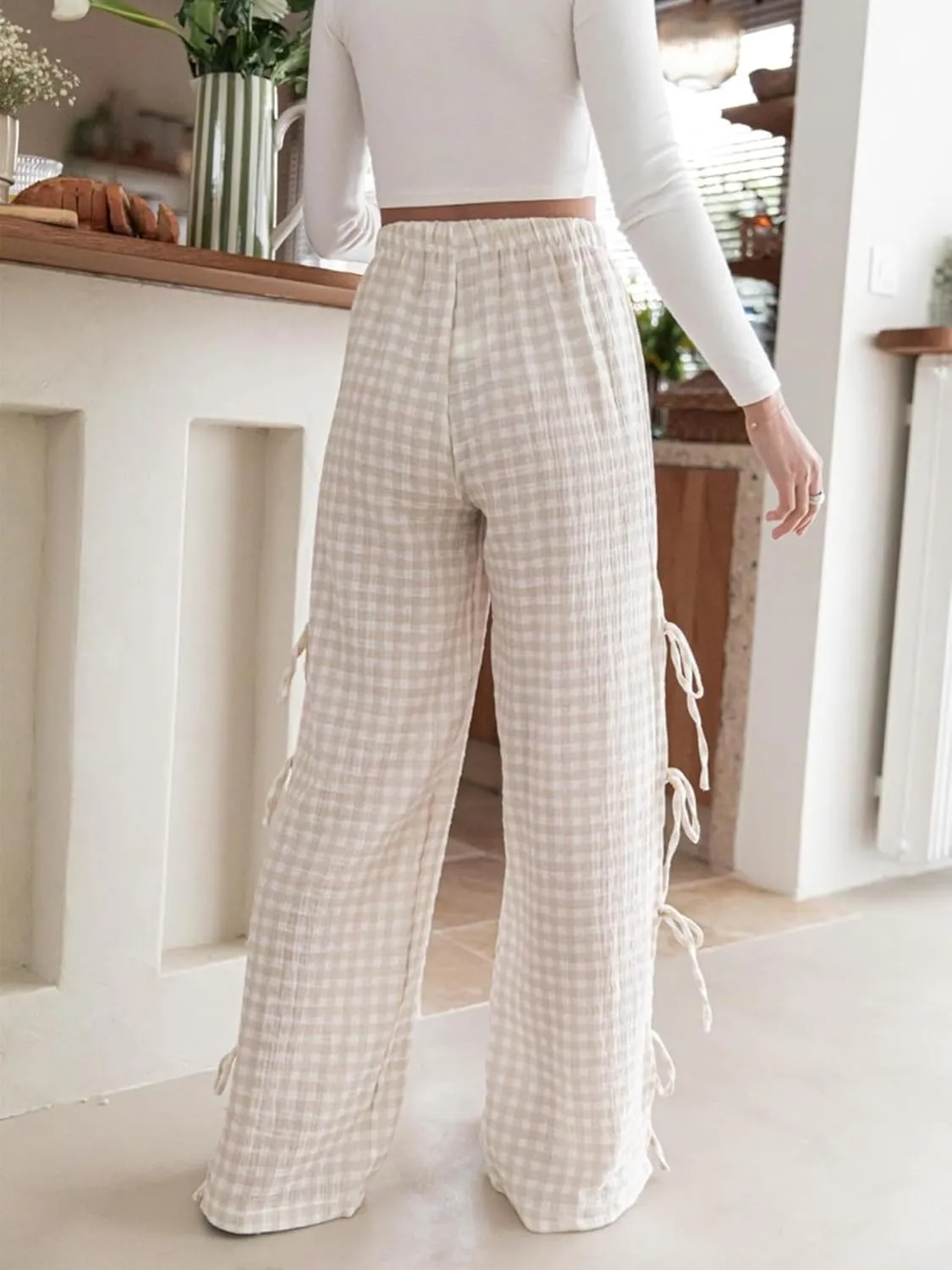 Sunloudy Women Y2K Wide Leg Gingham Pants Elastic High Waist Side Tie Loose Fit Plaid Trouser Lounge Pants