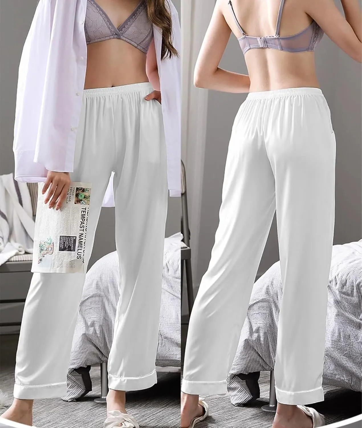 SWOMOG Women's Silk Satin Pants Wide Leg Pajama Bottoms Palazzo Lounge Pants Casual Loose Trousers Pj with Pockets